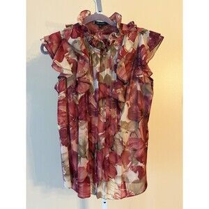 Anne Klein Sleeveless Blouse PL ruffled chiffon pleated Sheer Red Tan Floral